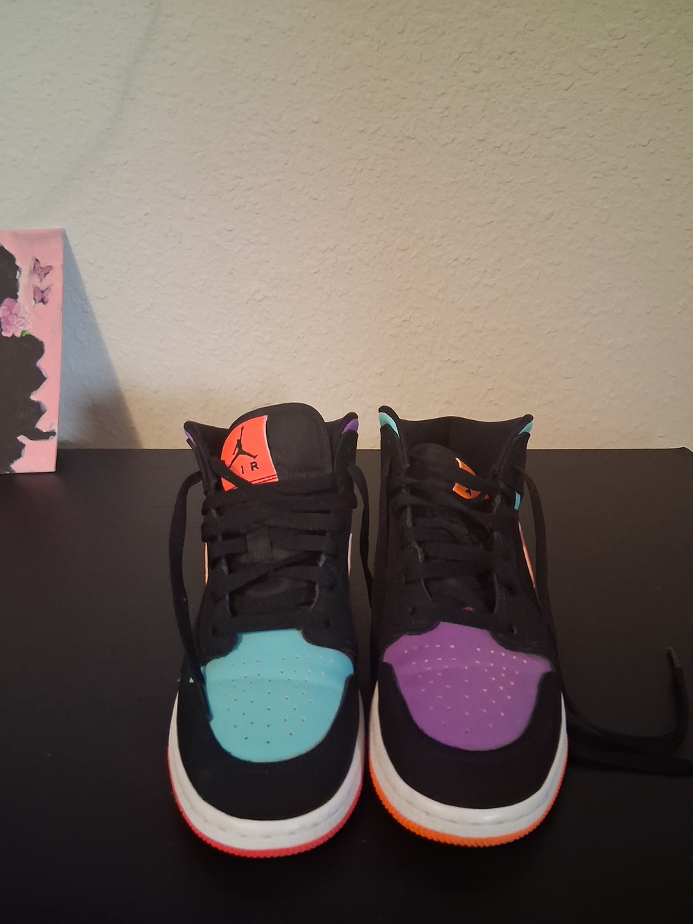 Nike Jordan 1 Kids' Mid-Top  Sneakers - Black with Orange, Teal & Purple Size 5Y - Picture 2 of 6